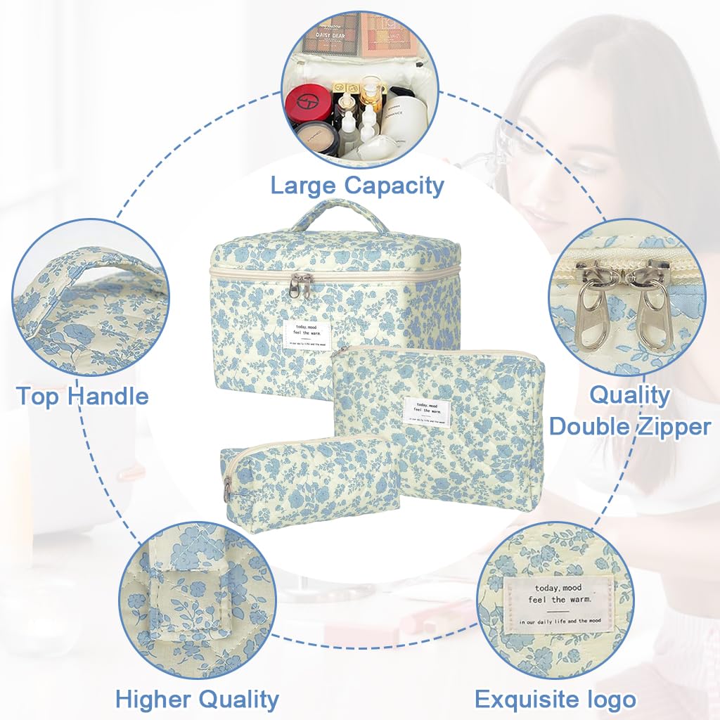 MAYCREATE Makeup Pouch Bag Set for Travel with 3pcs Quilted Cotton Blue Floral Organizer