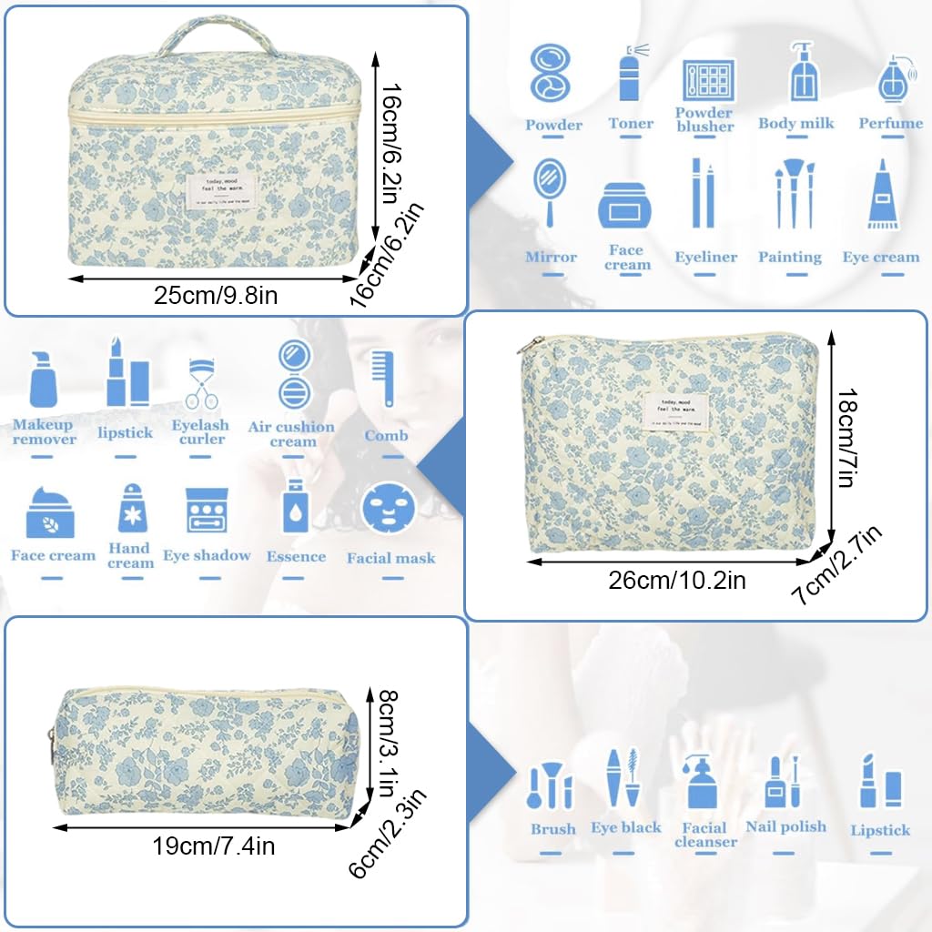 MAYCREATE Makeup Pouch Bag Set for Travel with 3pcs Quilted Cotton Blue Floral Organizer