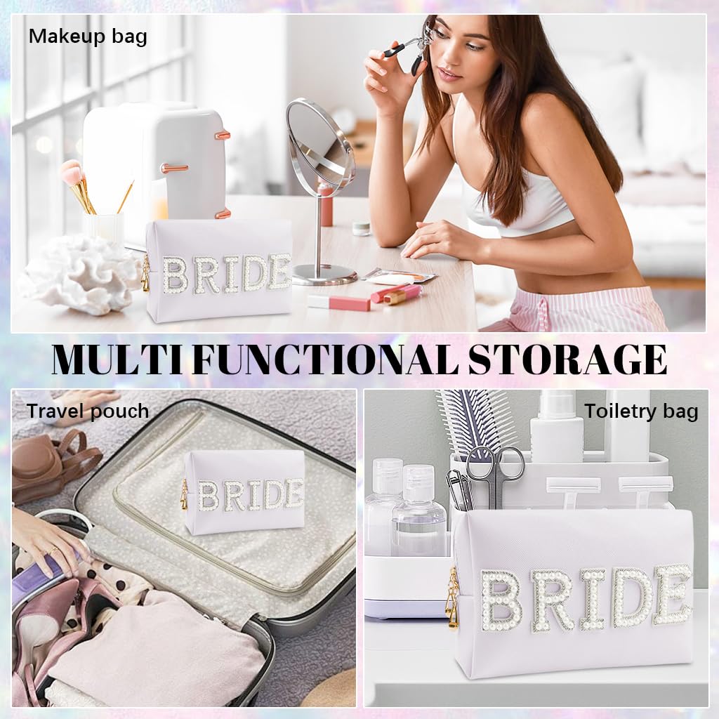 MAYCREATE Bride Makeup Pouch for Weddings featuring Pearl Rhinestones and Zipper Closure 20.5x8x12.5cm