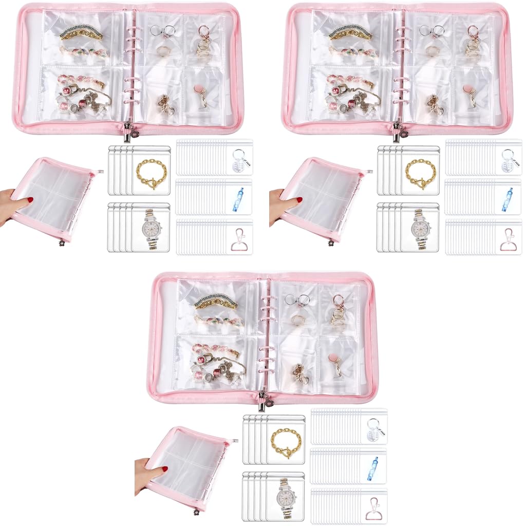 MAYCREATE Jewelry Storage Book with 60 Pockets and Transparent PVC Ziplock Bags | Pink 3 PCS