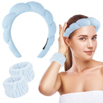 MAYCREATE Spa Headband Wristband Set for Face Washing with Sunflower Edge Design | Soft Blue Coral Fleece for Women and Girls