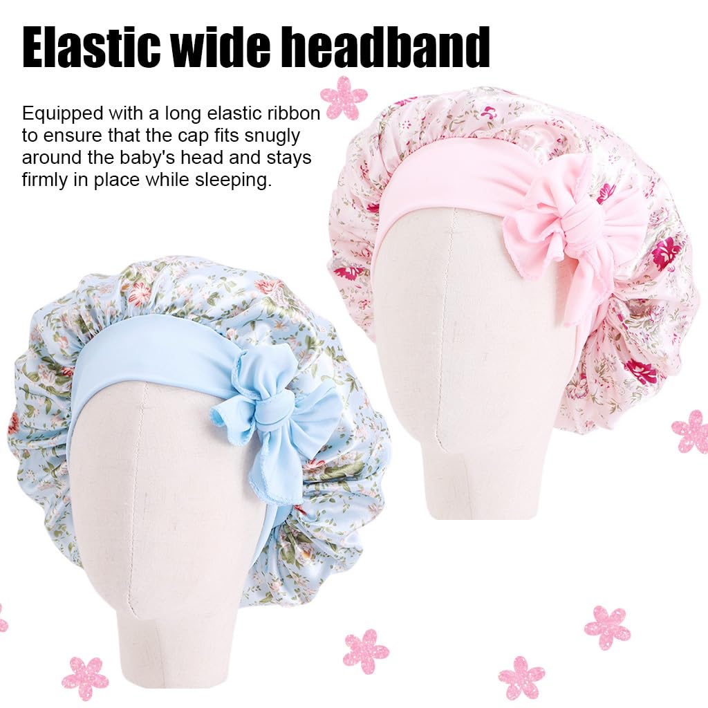 MAYCREATE 2pcs Kids Silk Bonnet for Hair, Baby Cap Floral Print Satin Hair Bonnet, Elastic Band Soft Silk Hair Cap for Sleeping, Night Hat Shower Cap for Toddlers Child Baby 2-8 Years Old Gift
