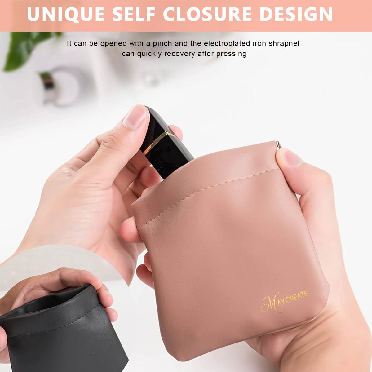 MAYCREATE 4 Pack Mini Makeup Bag Small Pouches For Women Pu Cosmetic Bag Squeeze Top Pocket Storage Pouch For Coin Purse Lipstick Jewelry Accessories (Self-Closing, 4.3X4.7In), Assorted