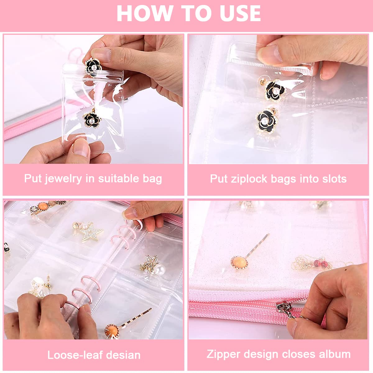 MAYCREATE Jewelry Storage Book with 60 Pockets and Transparent PVC Ziplock Bags | Pink 3 PCS