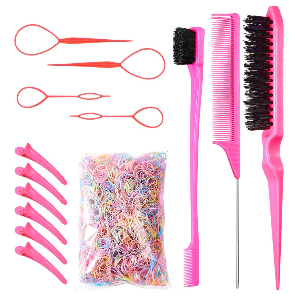 MAYCREATE Hair Brush Set for Women with 14Pcs Styling Tools featuring Rat Tail Comb & Hair Threader | Ideal for Sleek Styles and Braids