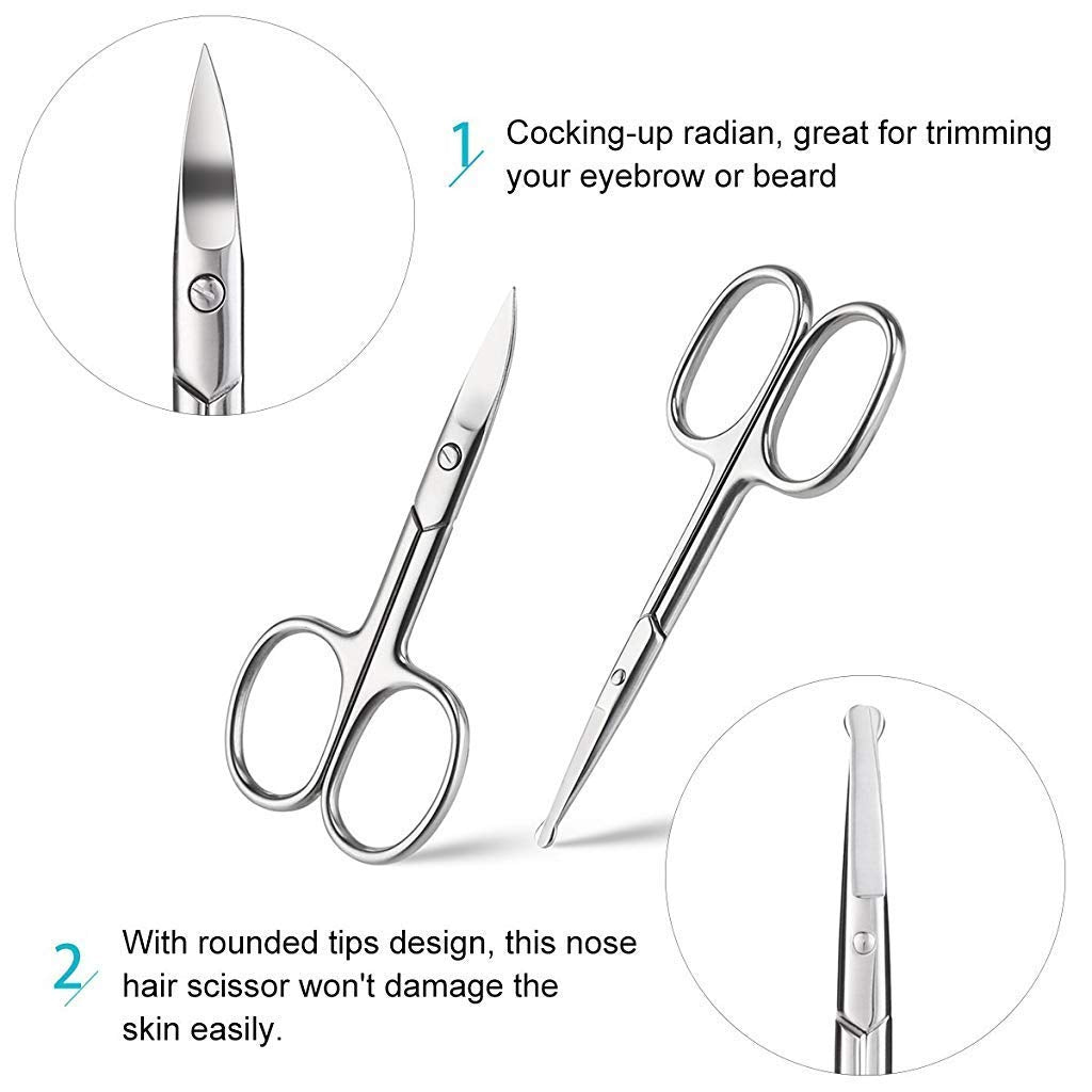 MAYCREATE Nose Scissors Set for Beard and Moustache Trimming with Bent and Round Tips | 2pcs Stainless Steel Silver Grooming Kit