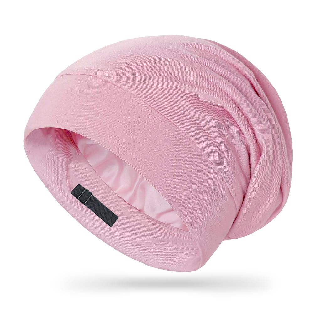MAYCREATE Silk Bonnet for Hair featuring Adjustable Strap and Elastic Brim | Pink Satin Cap for Sleeping