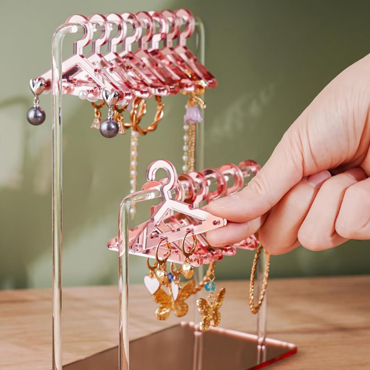 MAYCREATE Earrings Organizer for Women with 16 Mini Hangers and Dual Cross Bar Design | Pink Acrylic Holder for 32 Pairs