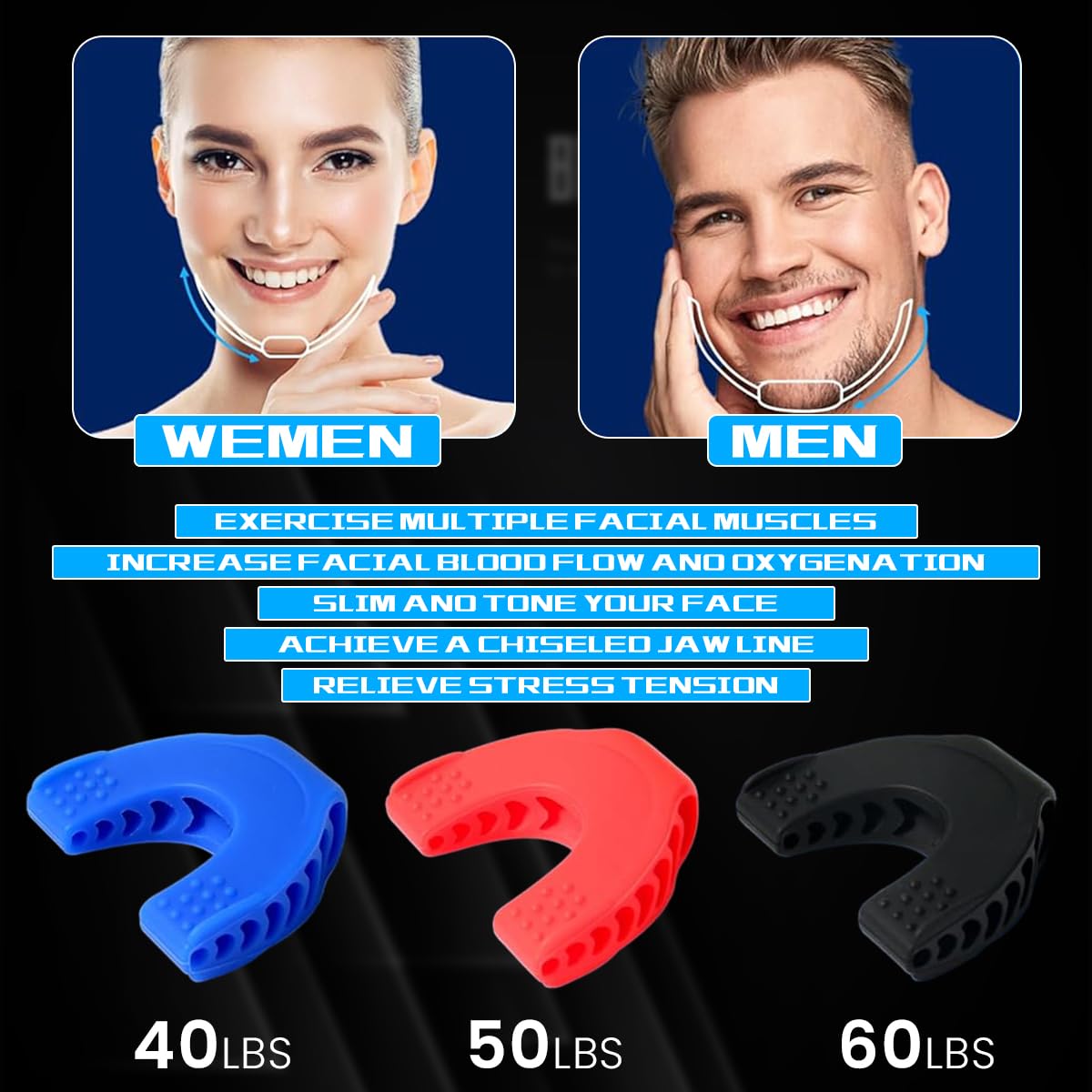 MAYCREATE Jawline Exerciser for Men and Women with 3 Resistance Levels 40 50 60lbs | BPA Free Silicone Muscle Trainer with Storage Case