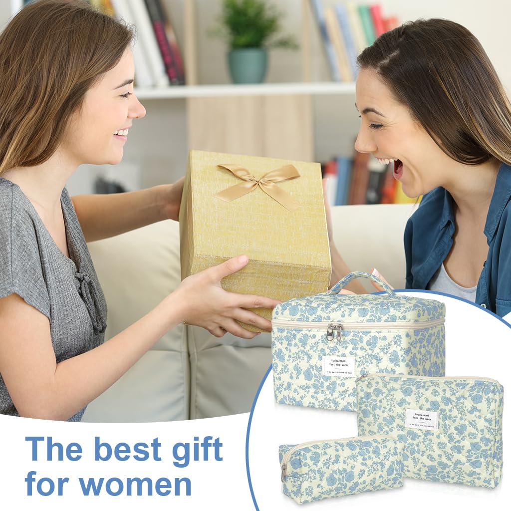 MAYCREATE Makeup Pouch Bag Set for Travel with 3pcs Quilted Cotton Blue Floral Organizer