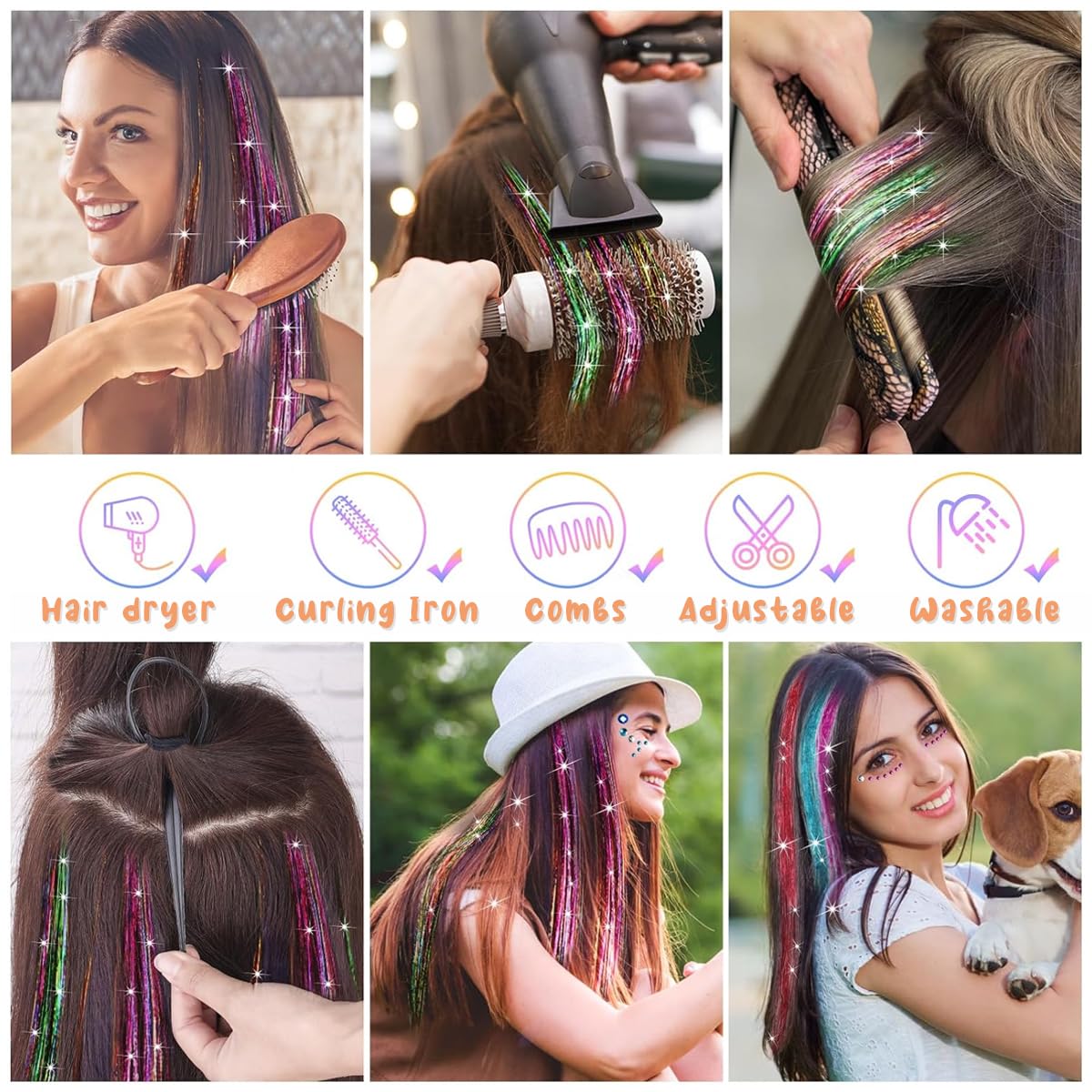 MAYCREATE Glitter Hair Tinsel Kit for Party Styling with 47 in Strands and 12 Colors | Includes Tools and Accessories for Women and Girls