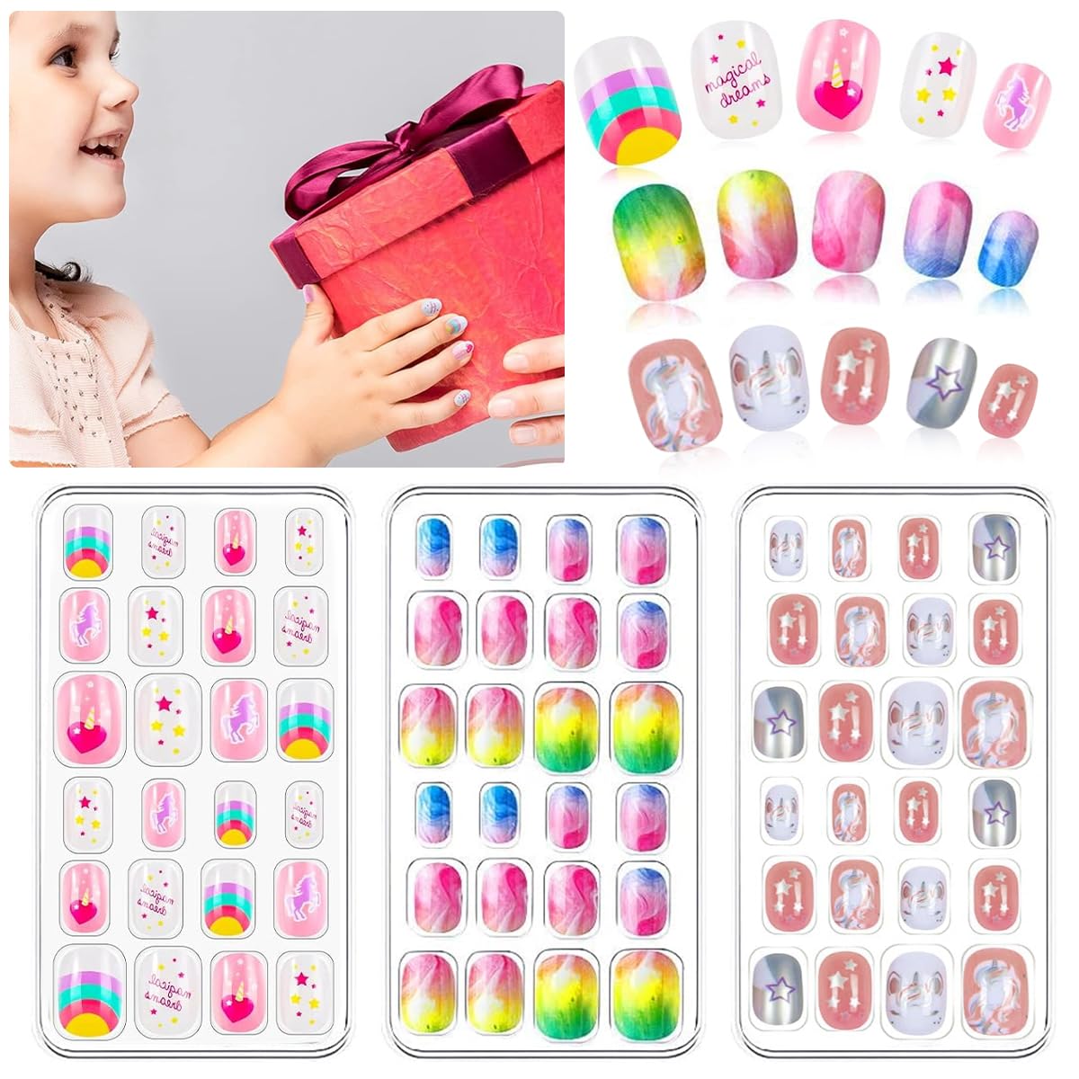 MAYCREATE® 5 Pack Children Acrylic Fake Nails Press on Pre-glue Full Cover Glitter Gradient Color Rainbow Short False Nail Art Kits Set for Kids