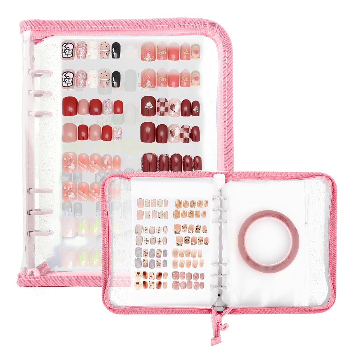 MAYCREATE Press On Nail Organizer with 4 Insert Pages and Acrylic Tape, Pink | Reusable A5 Nail Storage Book