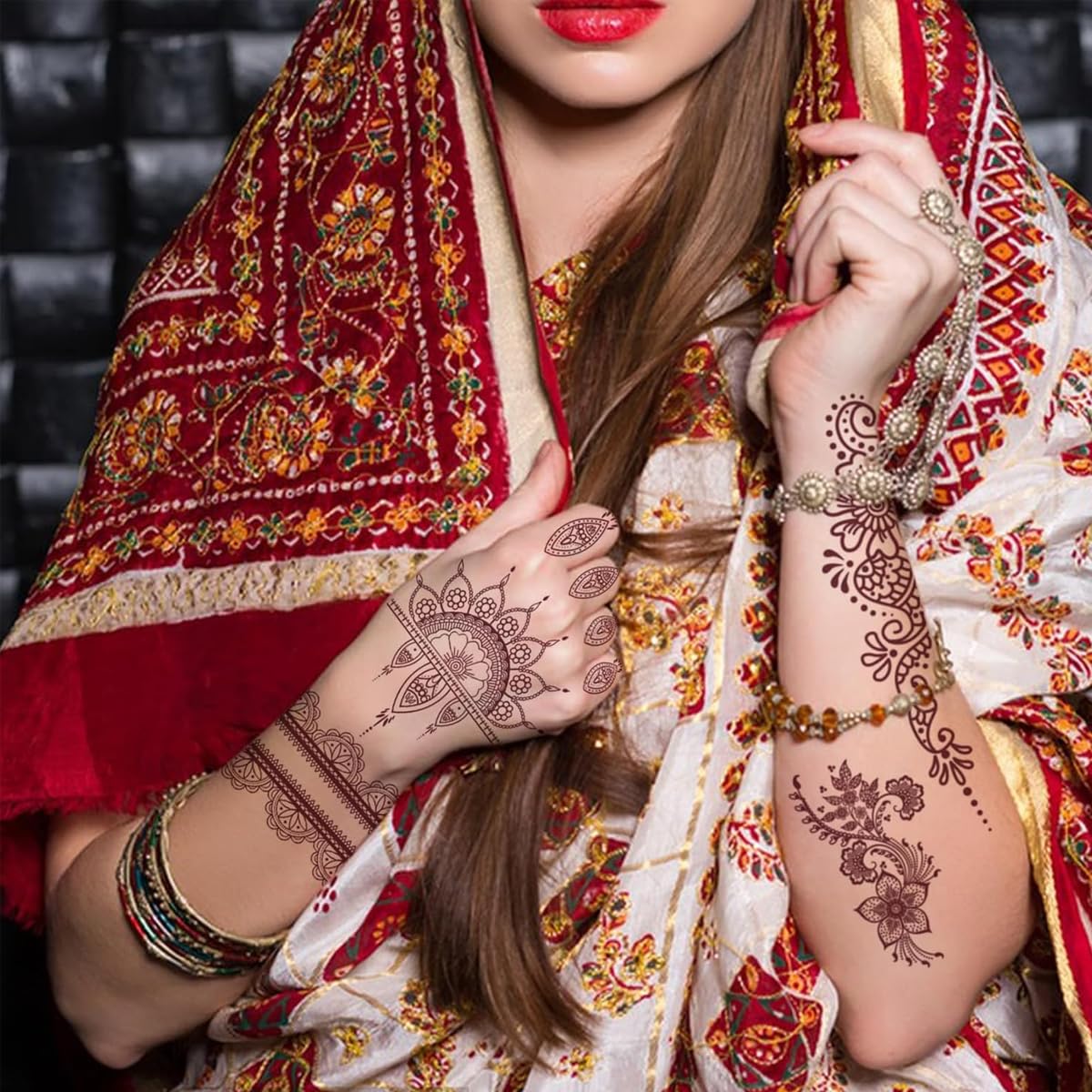 MAYCREATE Henna Temporary Tattoo Stickers for Women featuring 8 Sheets Waterproof Brown Designs | Safe Non Toxic Body Art for Festivals and Parties