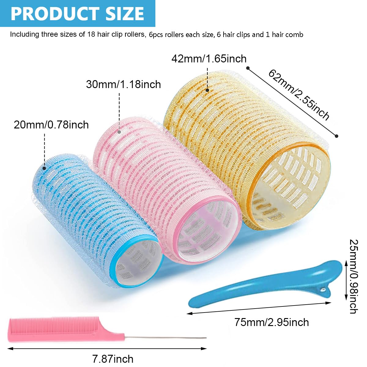 MAYCREATE Heatless Hair Curler Roller Kit with 18 Self Grip Rollers and 6 Bang Clips | Nylon Fiber Curlers for Home or Travel Styling