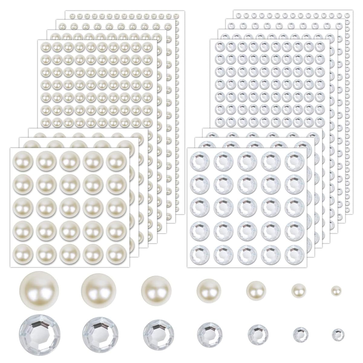 MAYCREATE 2000pcs Pearl Stickers Rhinestones Face Gems Self-adhesive Hair Gems Jewels Faux Pearls Assorted Sizes Stone Sticker for Face Makeup, DIY Crafting, Home Decor, Embellishments