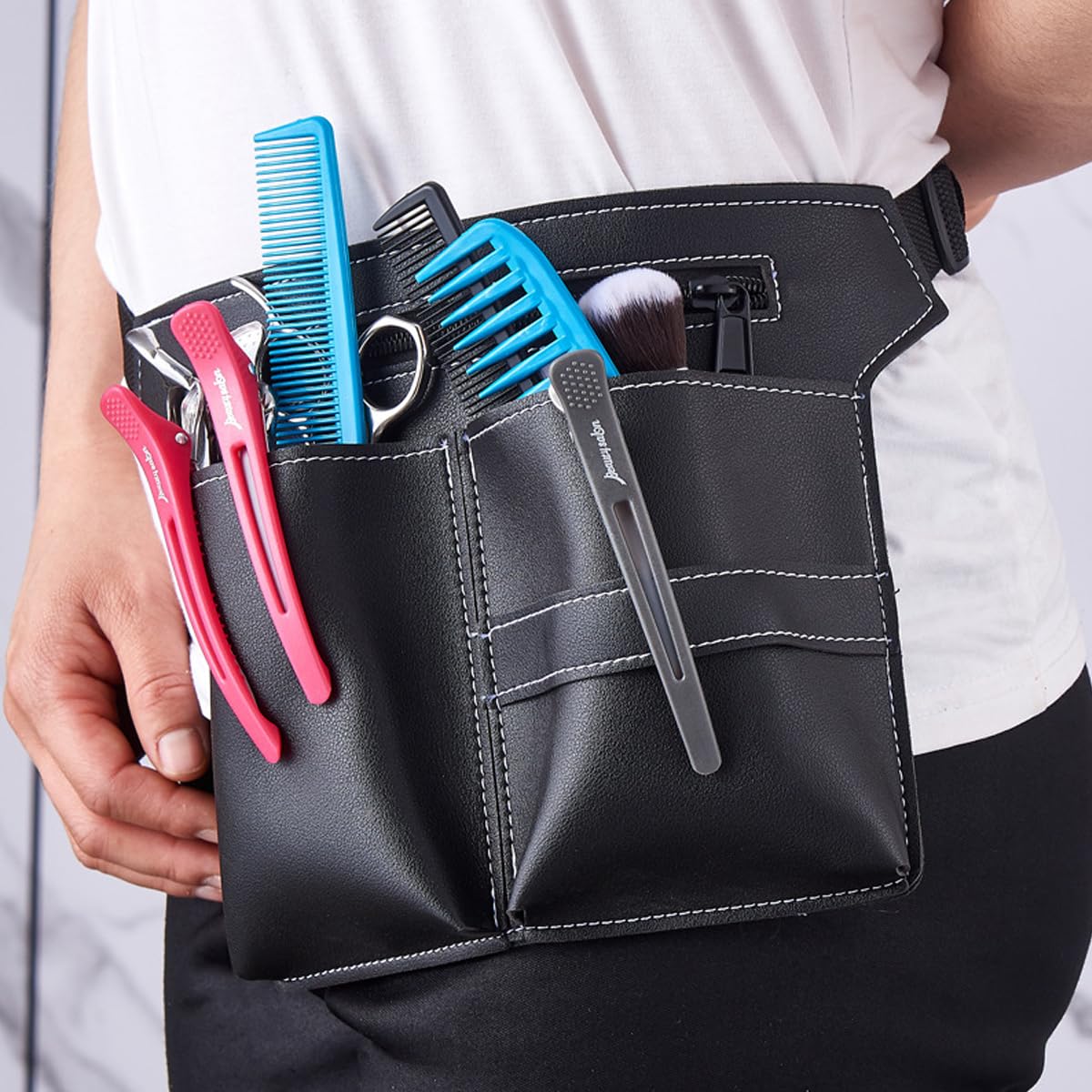 MAYCREATE® Hairdresser Scissor Bag, PU Leather Barber Waist Pouch, Professional Hairdressing Storage Holster with Adjustable Waist Belt, Hair Salon Scissor Storage Waist Bag for Scissors, Tools, Clips