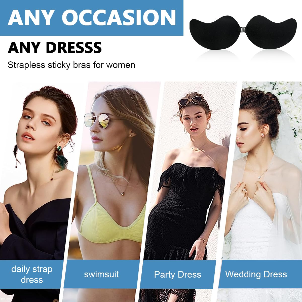 MAYCREATE Silicone Stick On Bra for Backless Dress featuring 3D Push Up Cups in Black | Reusable