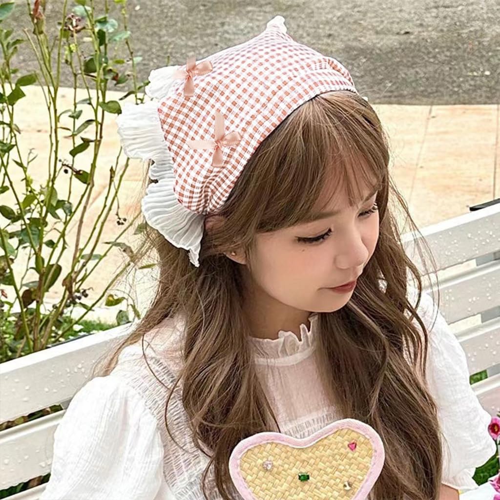 MAYCREATE Headwear for Girls with White Lace Headband and Pink Plaid Bow | 2Pcs Fashion Hair Accessories