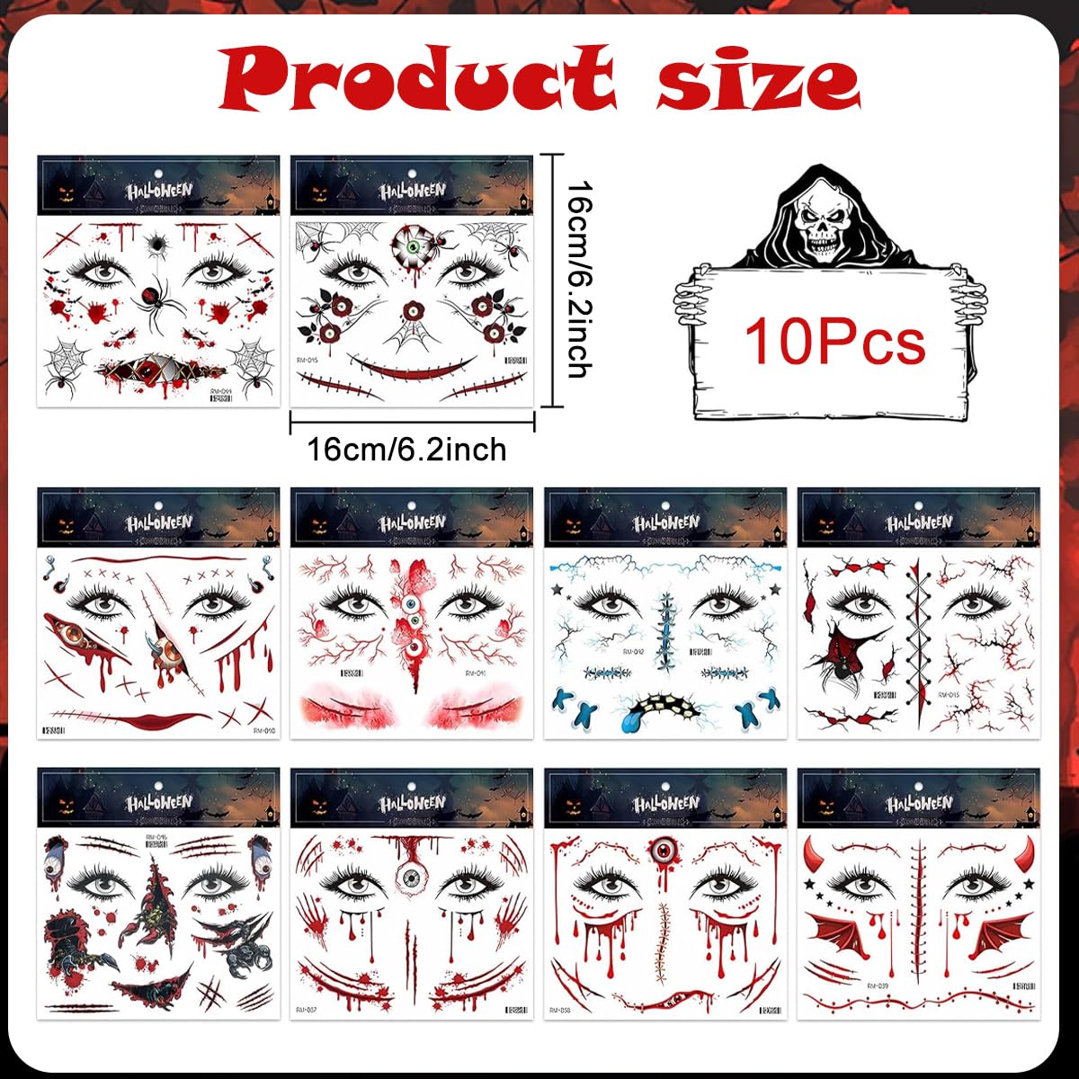 MAYCREATE Halloween Temporary Face Tattoos for Adults with 10 Sheets | Easy Water Application
