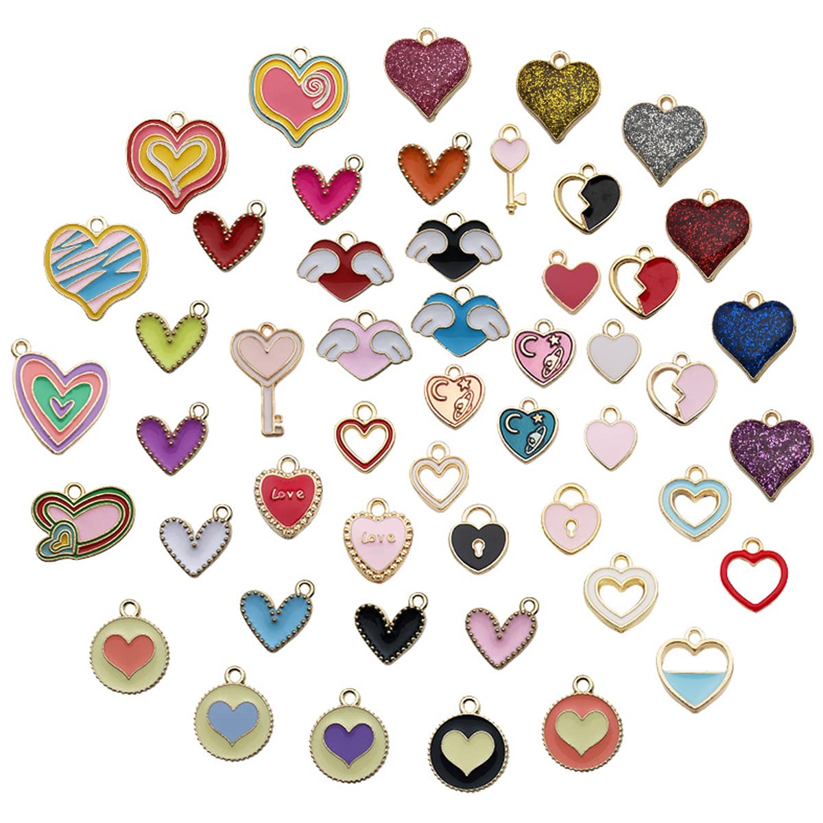MAYCREATE Enamel Heart Shaped Pendants Set for DIY Jewelry Making featuring 50pcs Alloy Charms | Multi Color Accessories with Hanging Hole Design