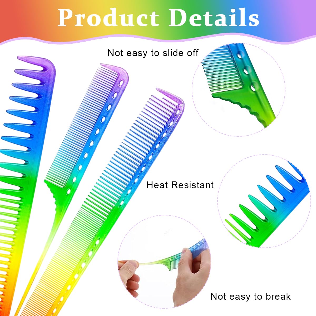 MAYCREATE® 3 Pack Hair Comb Set, Rainbow Fine Cutting Hairdressing Rat Tail Combs, Salon Fine Teeth Hair Styling Comb for Back Combing, Root Teasing