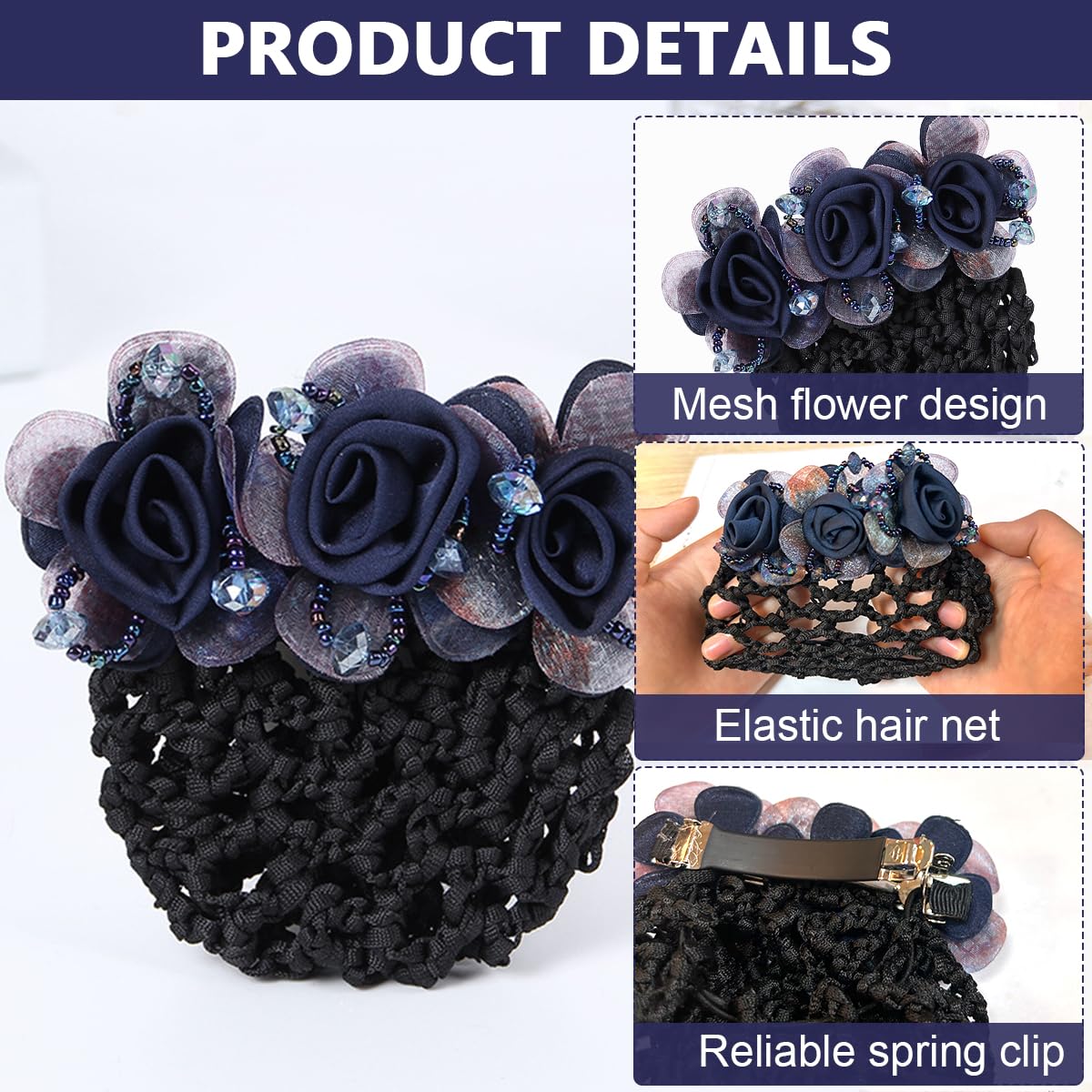 MAYCREATE Floral Hair Snood Net Barrette for Work or Dance with Alloy Clip and 2 PCS Set