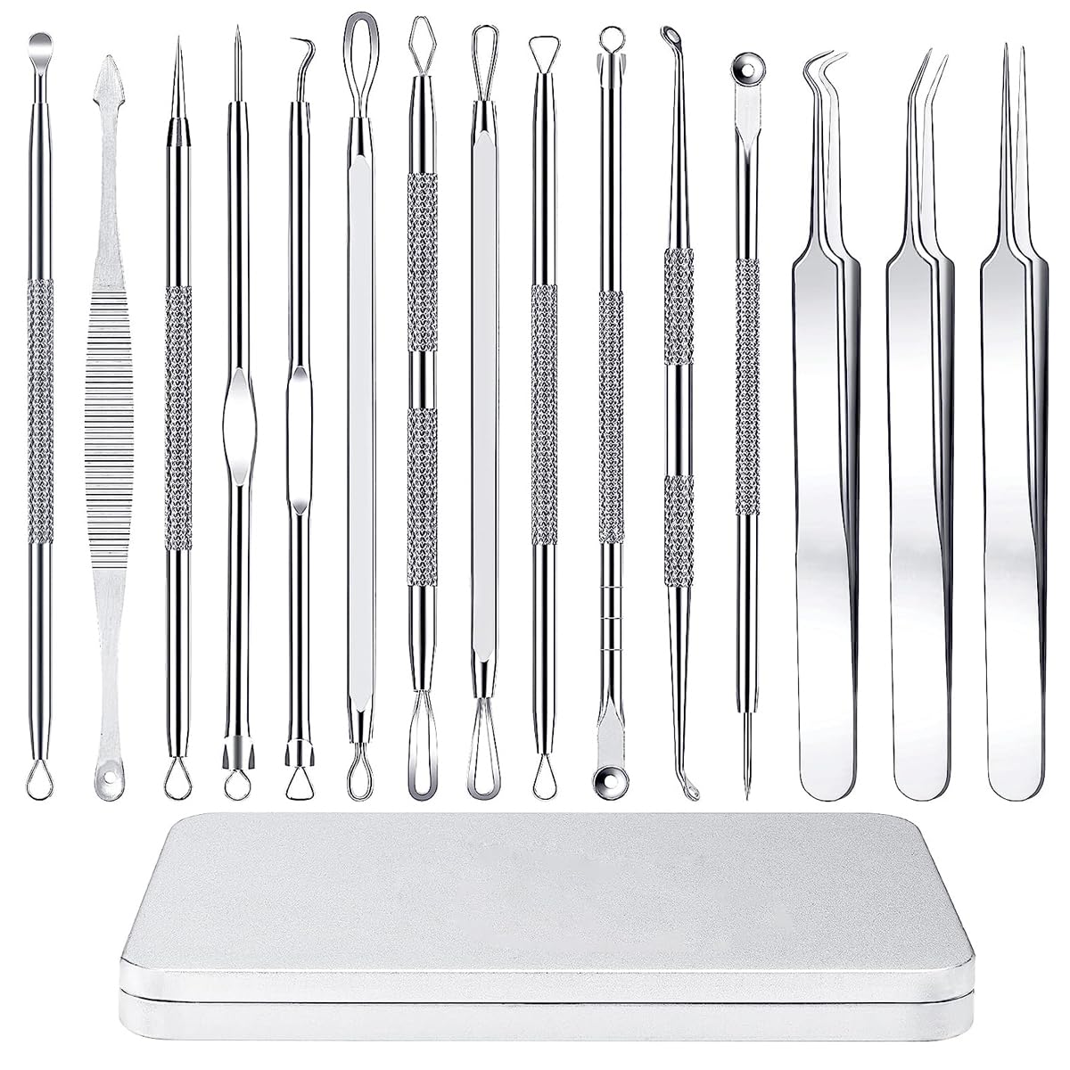 MAYCREATE Blackhead Remover Tool Kit 15pcs for Pore Cleaning with Dual Head Design and Stainless Steel Box