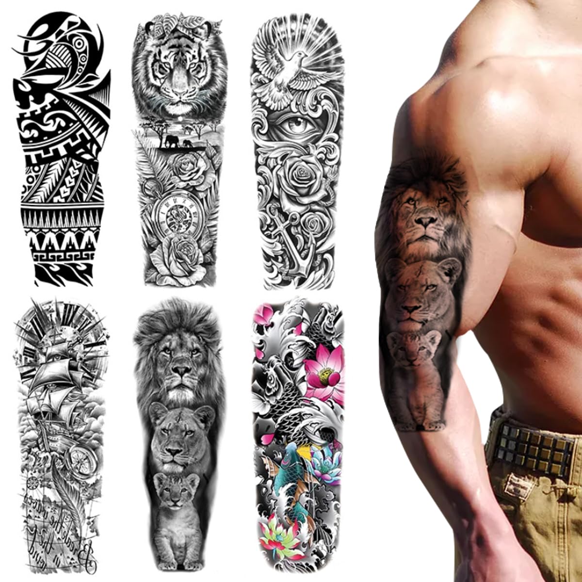 MAYCREATE Temporary Tattoos for Arms and Legs featuring 6 Sheets 48×17 cm Waterproof Designs | Ideal for Party and Club Looks