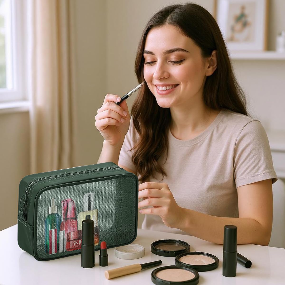 MAYCREATE Makeup Organizer Bag Set for Travel with 8PCS Mesh Zipper Pouches in Green