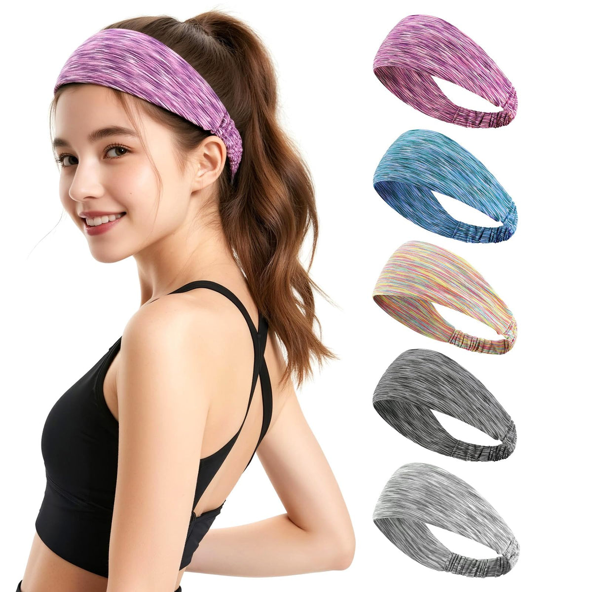 MAYCREATE® Sweat Headbands for Women - Moisture Wicking Wide Yoga Headband, Non Slip Soft Elastic Sports Headbands for Workout, Running, Gym - 5 Pack