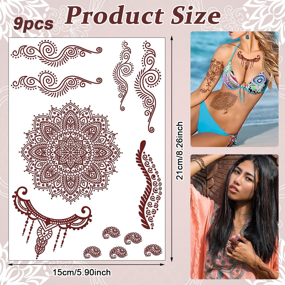 MAYCREATE Tattoo Sticker 9 Sheets for Women and Girls featuring Waterproof Brown Henna Designs