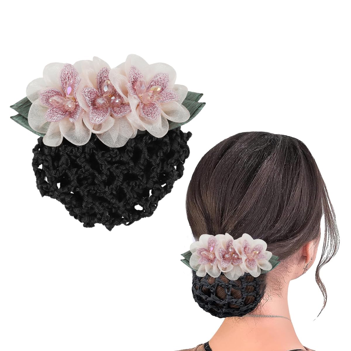 MAYCREATE Hair Snood Net for Bun Hairstyles with Floral Barrette | Nylon Clip for Women