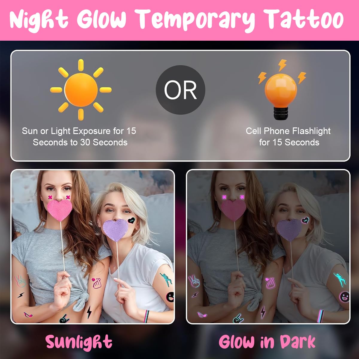 MAYCREATE Temporary Tattoo Sticker for Festival and Party with Dual Color Glow | 10 Sheets
