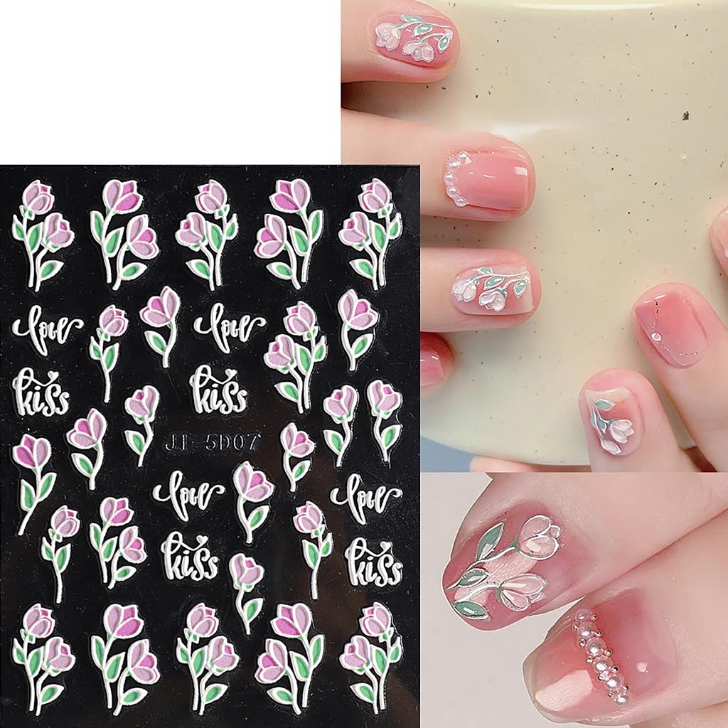 MAYCREATE Nail Art Stickers for DIY Nails featuring 5 Sheets 3D Embossed Flower Designs
