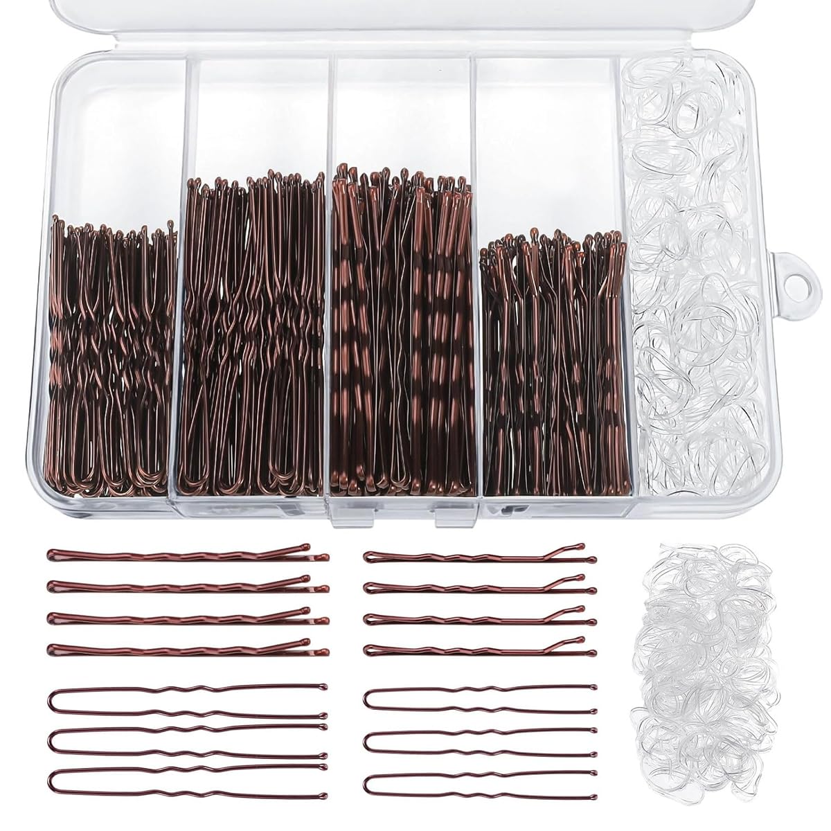 MAYCREATE Bobby Pins Set for Updos with 300 pcs Pins and Rubber Ties | Brown Metal for Women