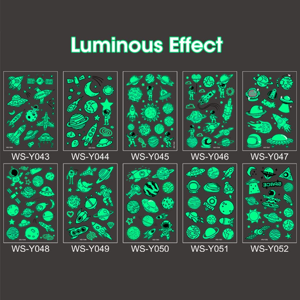 MAYCREATE Kids Tattoo Stickers for Birthday Parties featuring 10 Sheets 110x75mm Night Glow Designs