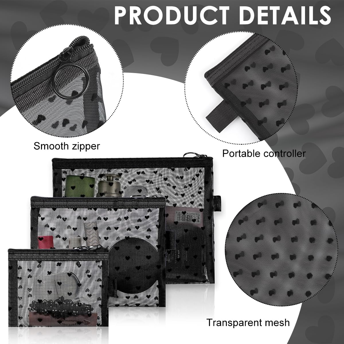MAYCREATE Cosmetic Bags 3pcs Mesh Makeup Pouches with Zipper for Travel | Heart Print Design