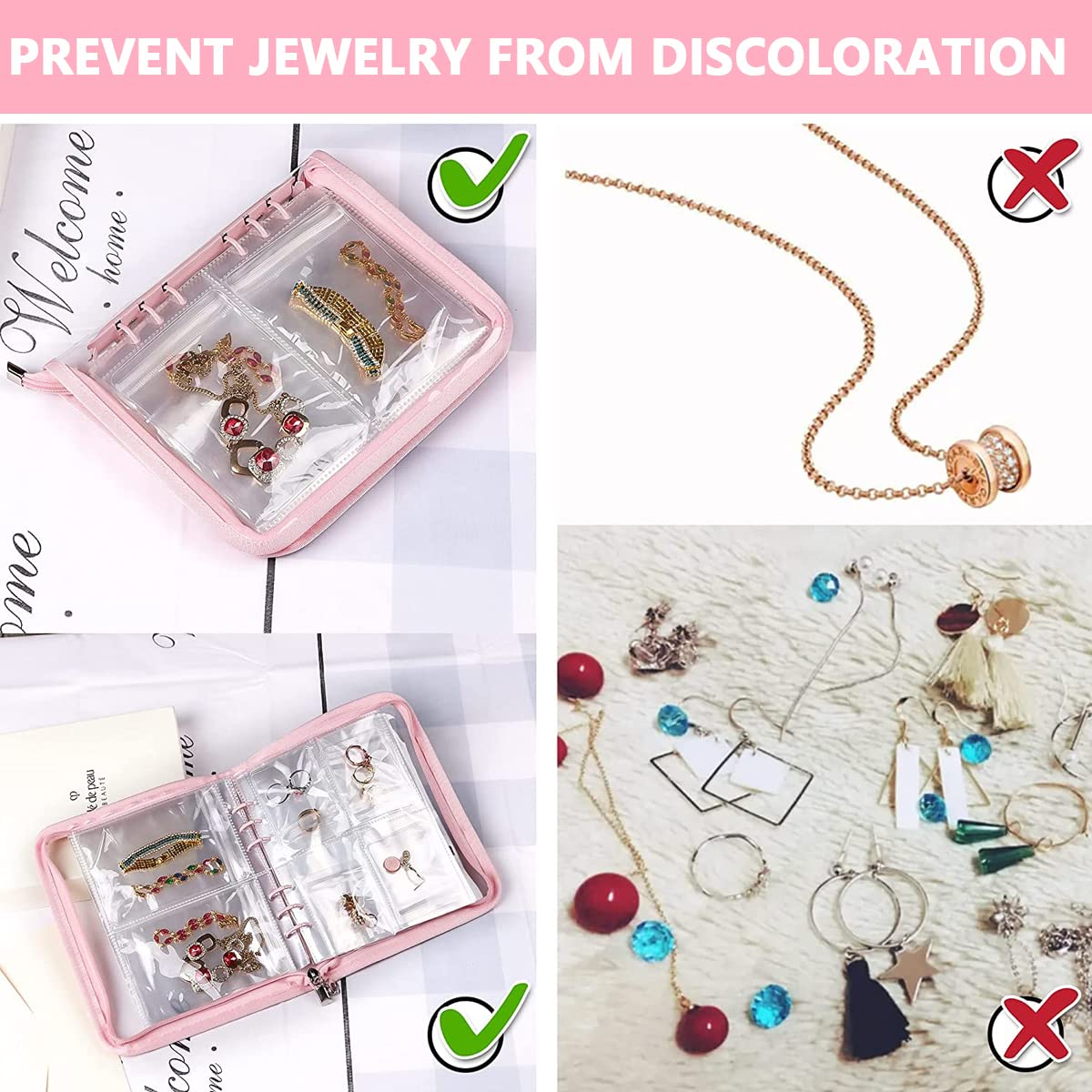 MAYCREATE Jewelry Storage Book with 60 Pockets and Transparent PVC Ziplock Bags | Pink 3 PCS