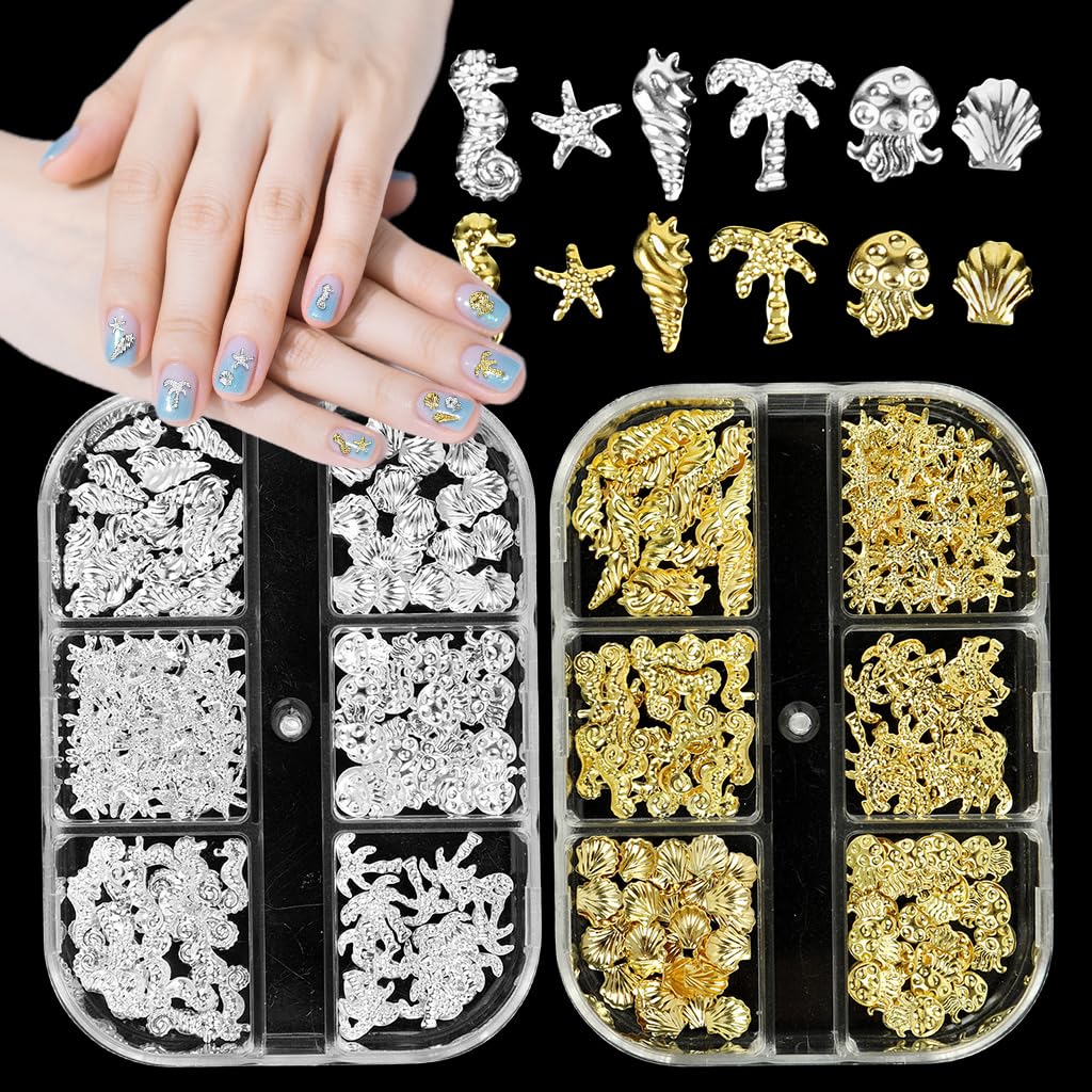 MAYCREATE Beach Nail Art Charms for DIY Manicure with 3D Metal Ocean Designs | Dual Tone Boho Style