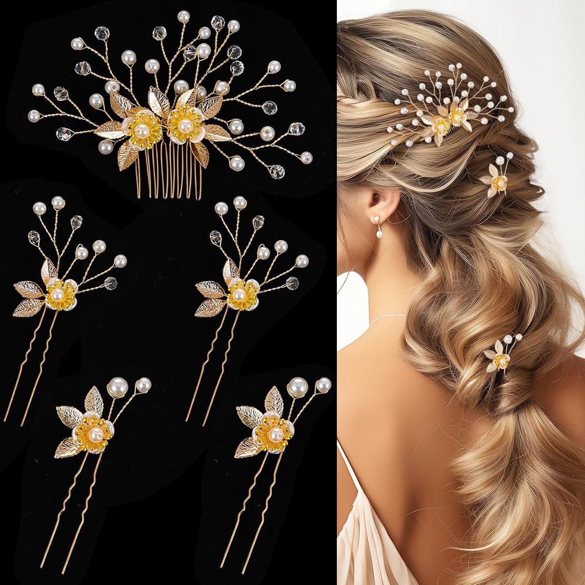 MAYCREATE Wedding Hair Pins for Brides featuring 5Pcs Alloy Pearl Floral Design | Elegant Updo Accessories