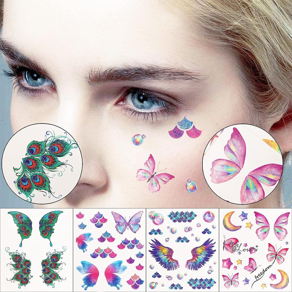 MAYCREATE Glitter Face Temporary Tattoo for Party Makeup with 12 Sheets Waterproof Stickers