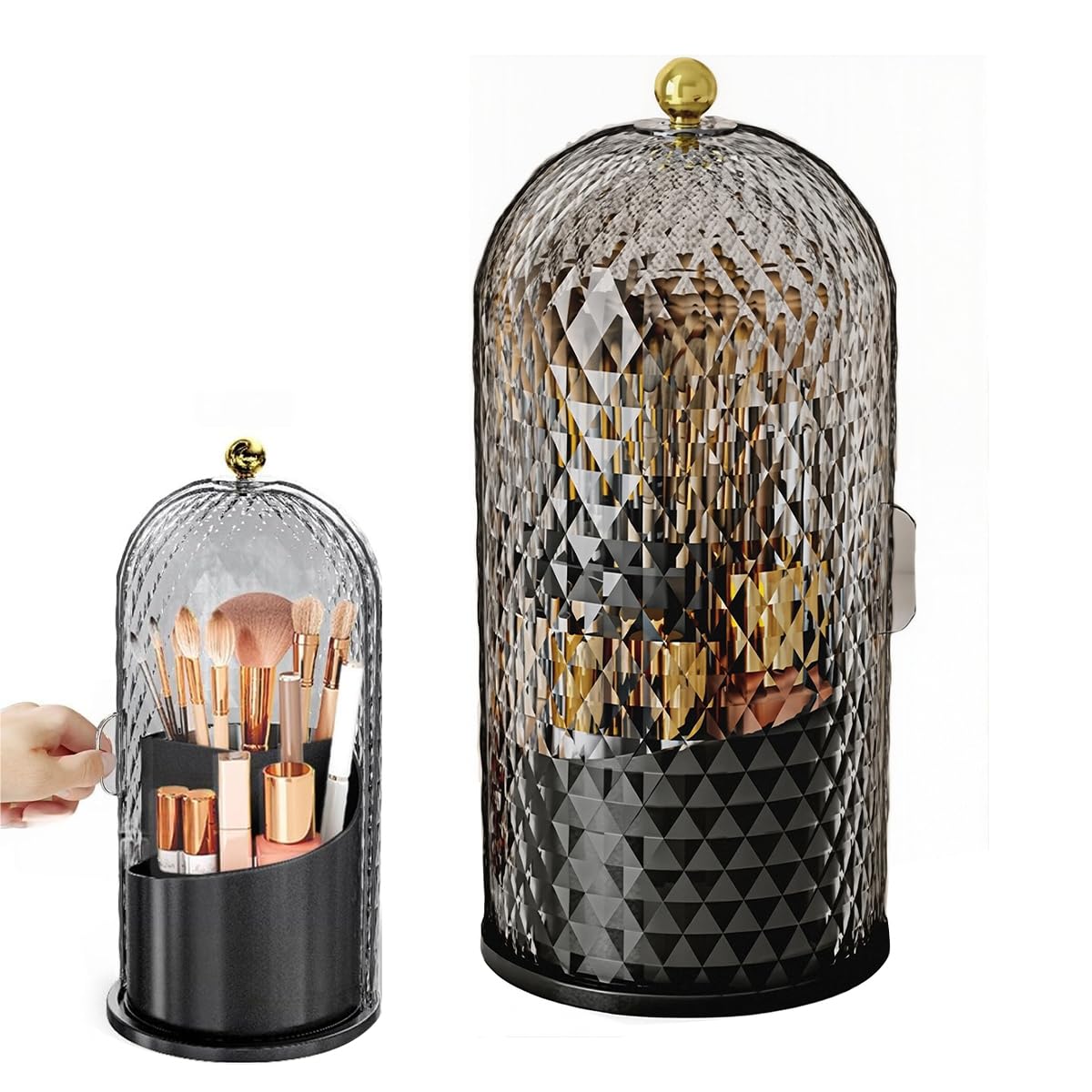 MAYCREATE Makeup Brush Holder Organizer for Vanity with 4 Compartments and 360° Rotating Lid | White 11×23cm Dustproof Storage Case