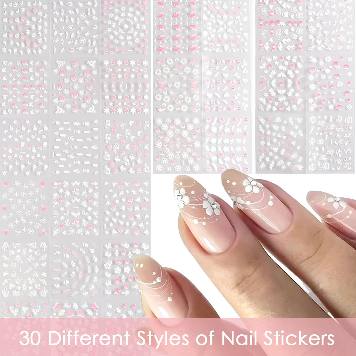 MAYCREATE Flower Nail Art Stickers for Easy Peel and Stick Application | 30 Sheets 3D Self Adhesive Floral Decals