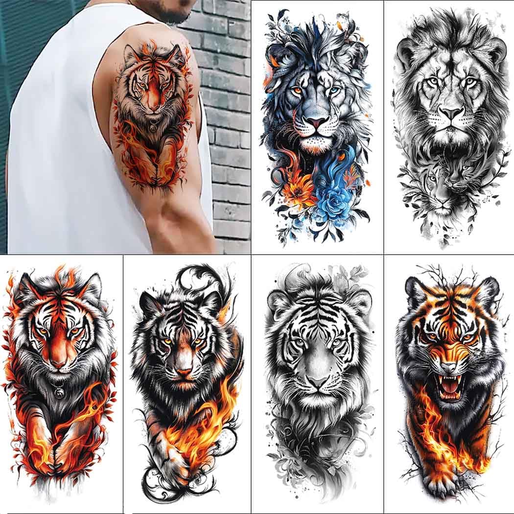 MAYCREATE Temporary Tattoo Sticker Set for Men featuring Tiger and Lion Designs 148x210mm | Waterproof Large Arm Tattoos