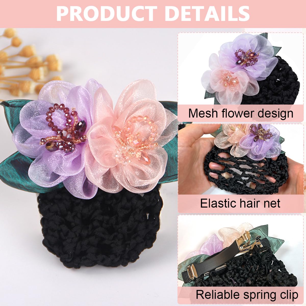 MAYCREATE Hair Snood Net Barrette for Dancer and Nurse Work featuring Alloy Spring Clip | 3 PCS Flower Bun Cover for Women and Girls