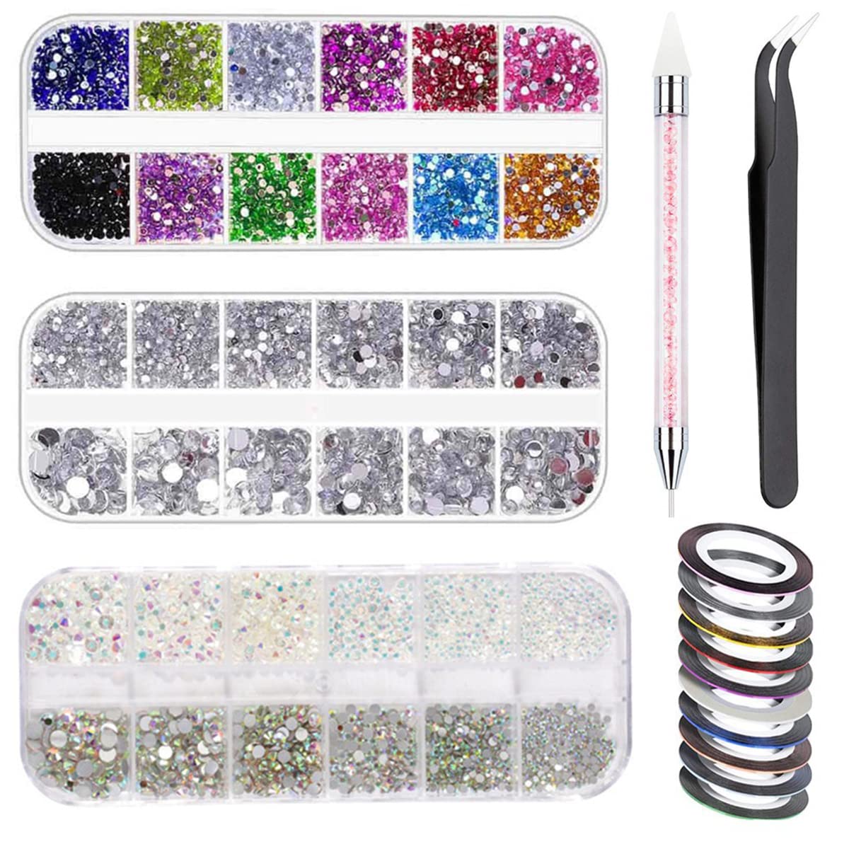 MAYCREATE Nail Art Kit for Women with 48 Pcs Glitter Stones and 15 Brushes | 5 Dotting Pens