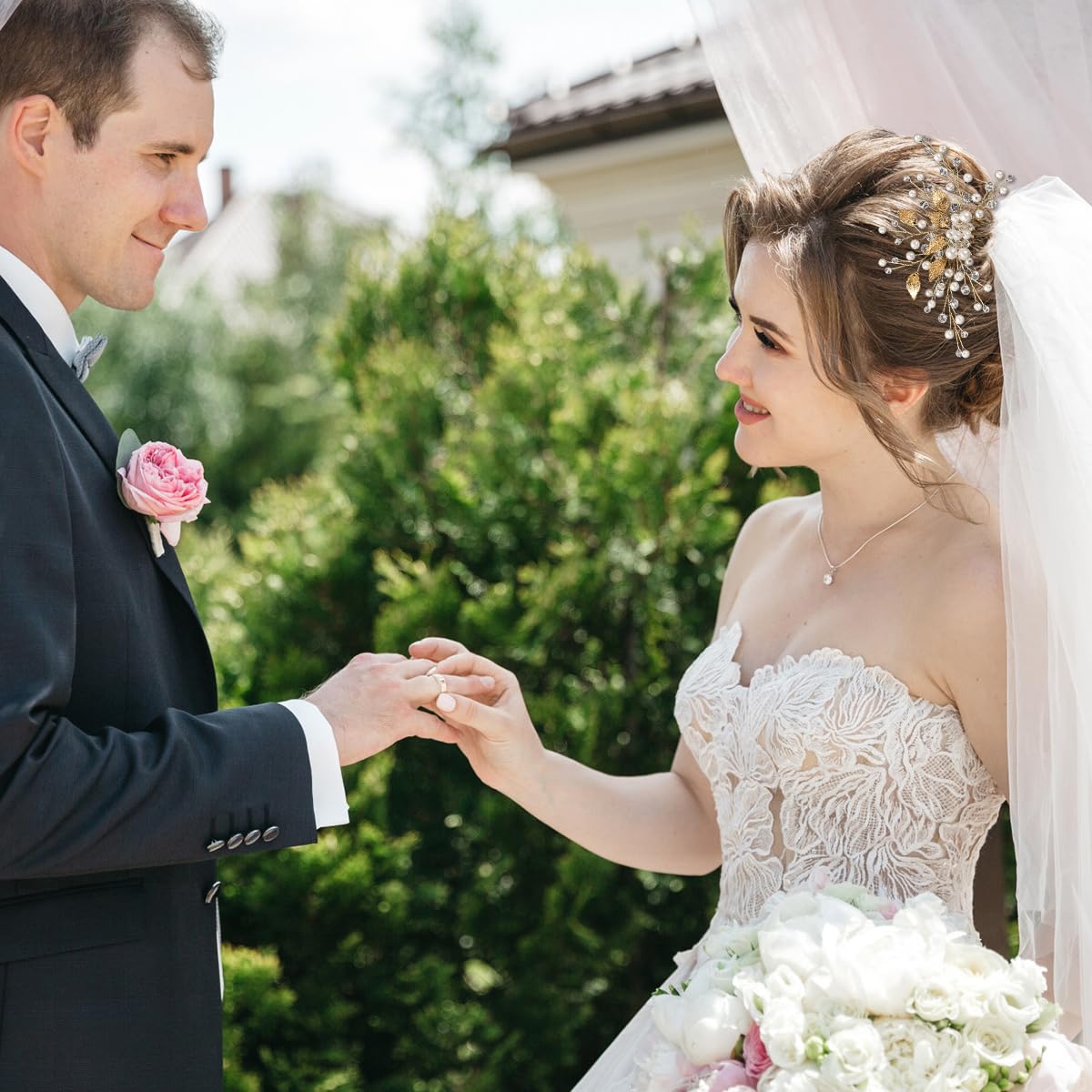MAYCREATE Bridal Hair Comb for Wedding Hairstyles with 5.5 in Design featuring Crystal Pearl Gold Leaf | Elegant Accessory for Women and Girls