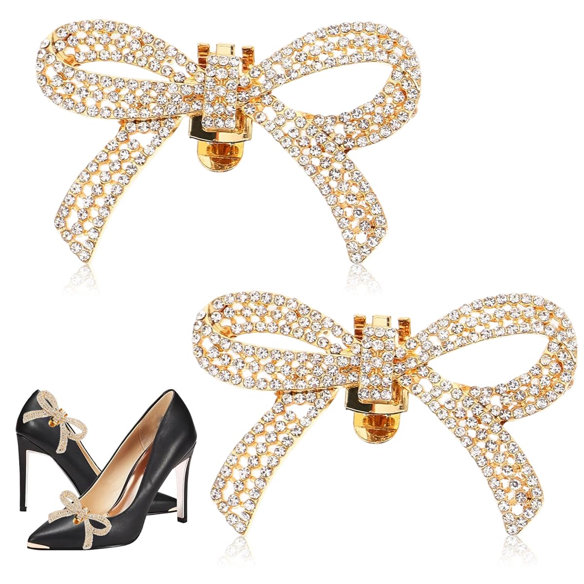 MAYCREATE Shoe Charms for High Heels featuring Detachable Clip On Bow Design in Gold | 2Pcs