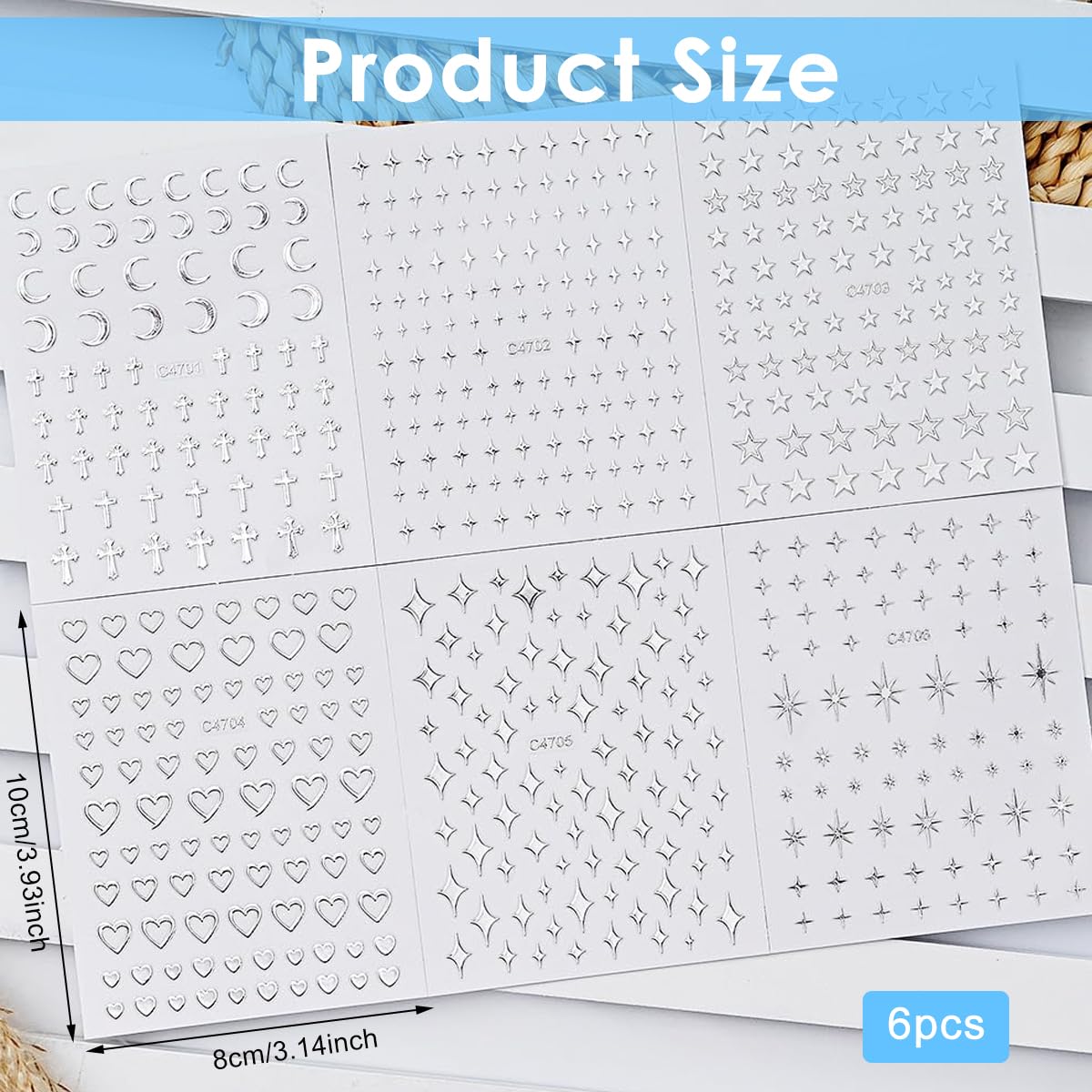 MAYCREATE Nail Decal Stickers for DIY Manicure with 6 Sheets Silver Star Heart Designs | Self Adhesive